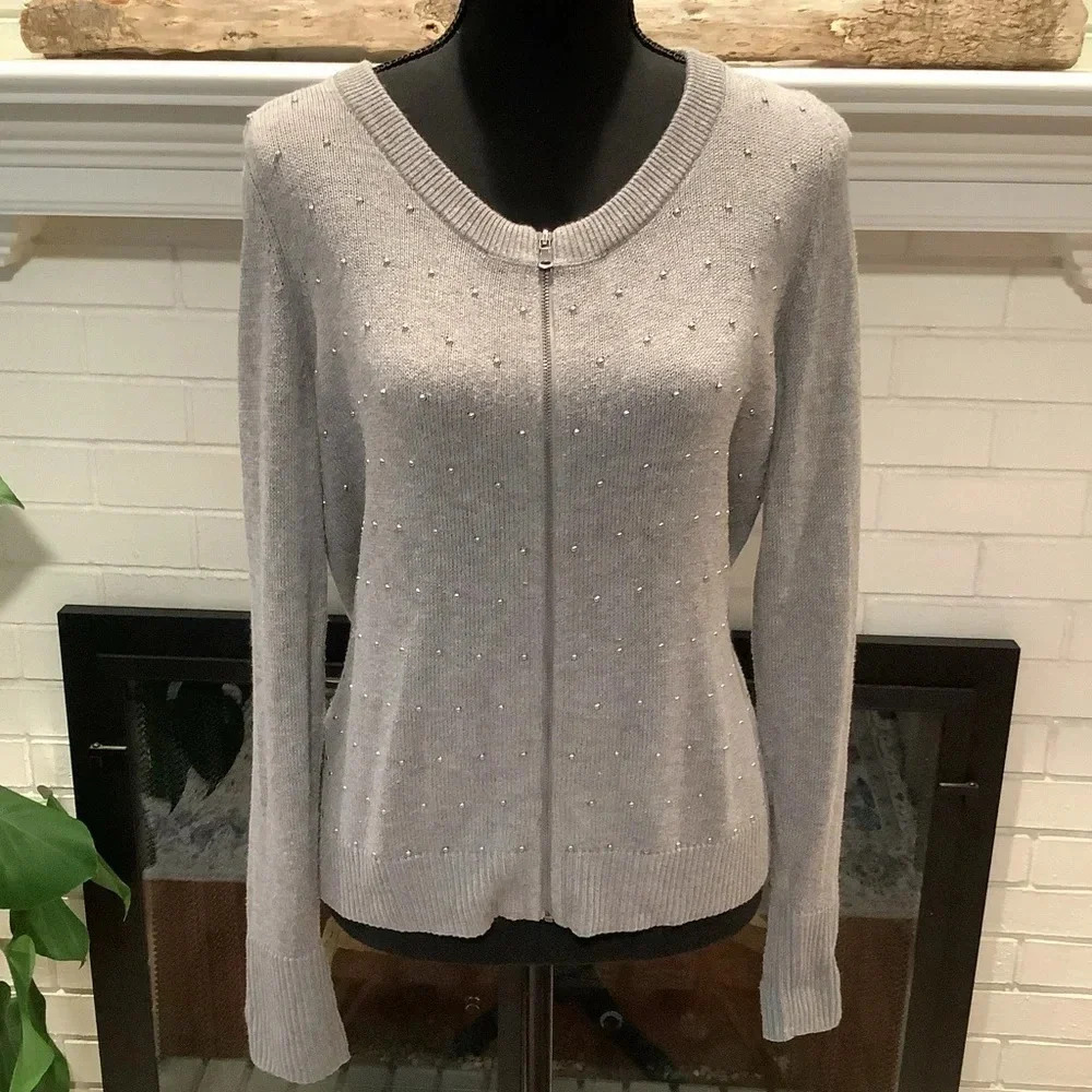 #314 Talbots Petites Gray Zip Front Cardigan Silver Ball Detail Size Medium Pet